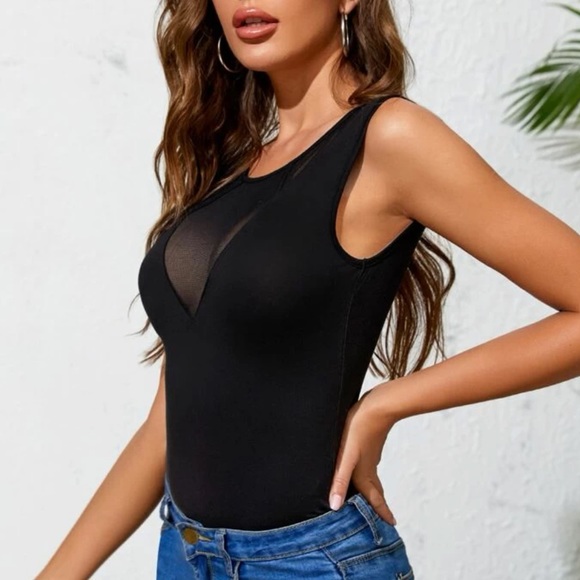 Boho black mesh insert V neck tank top - Picture 5 of 5